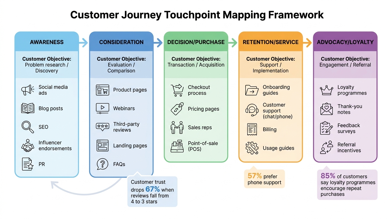 Customer Journey Touchpoint Mapping Framework - 5 Stages from Awareness to Advocacy