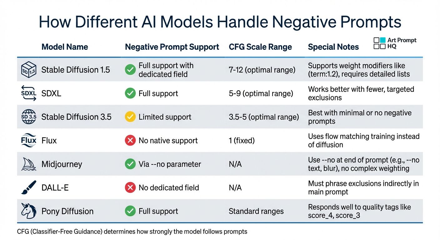 AI Model Negative Prompt Support and CFG Scale Settings Comparison