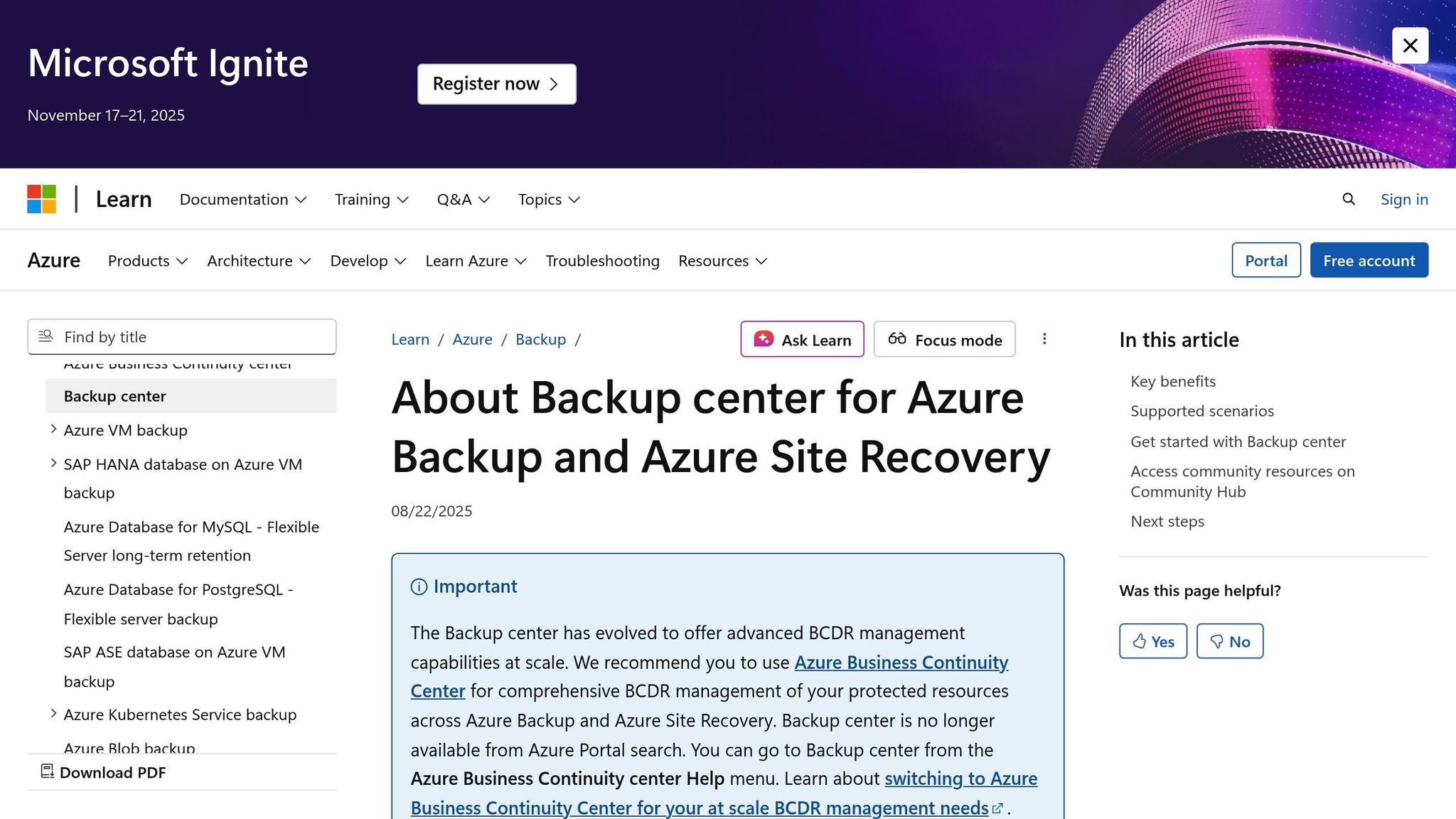 Azure Backup Center