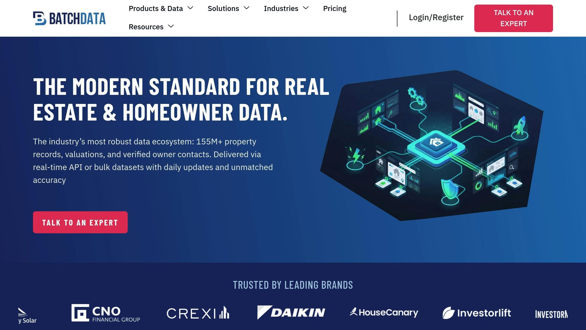 BatchData logo and graphic representing a data ecosystem for real estate, showcasing property data integration and API functionalities for hazard risk assessment.