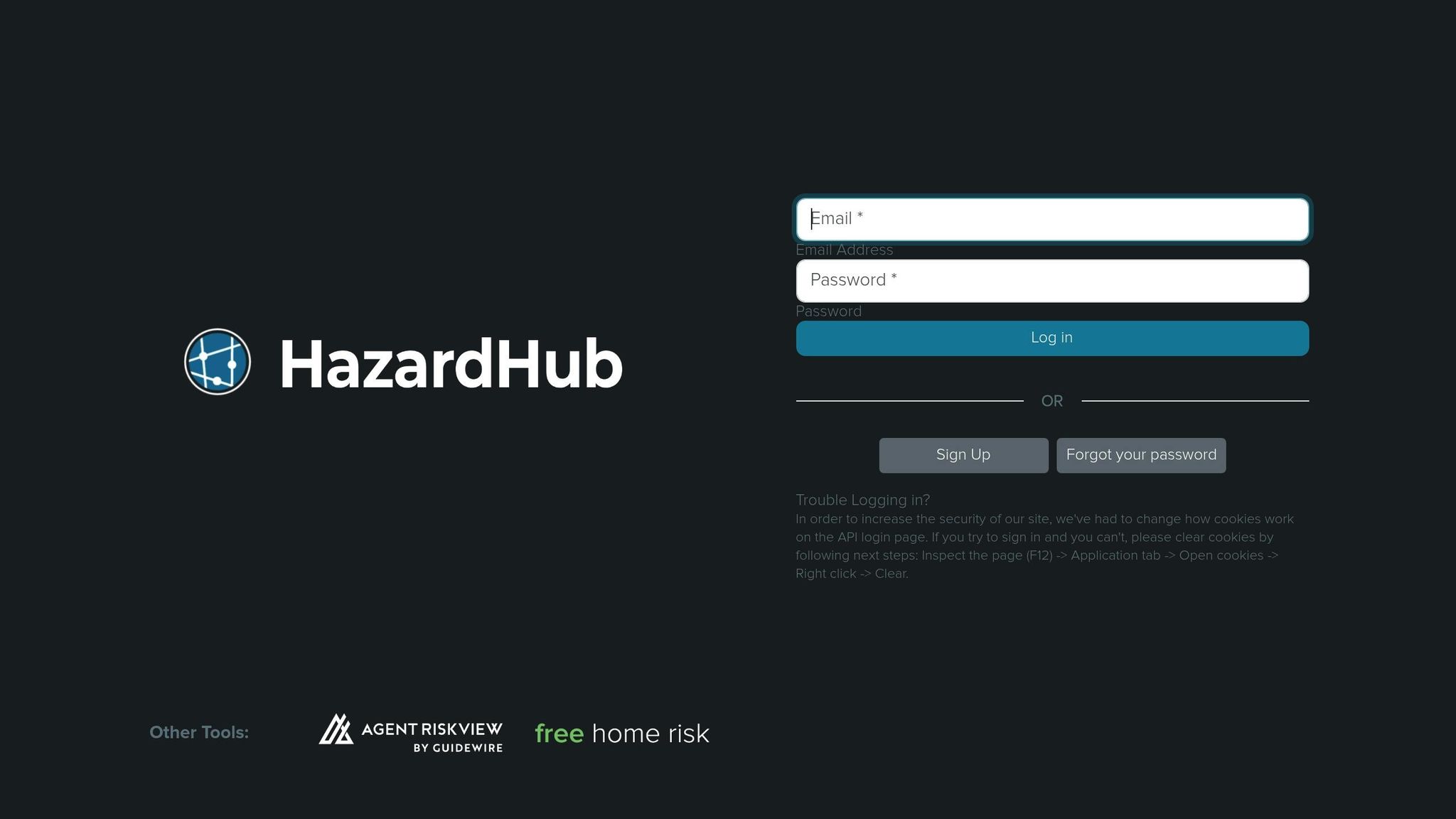 Login interface for HazardHub, featuring email and password fields, emphasizing property risk data API access for users seeking hazard evaluations from BatchData.