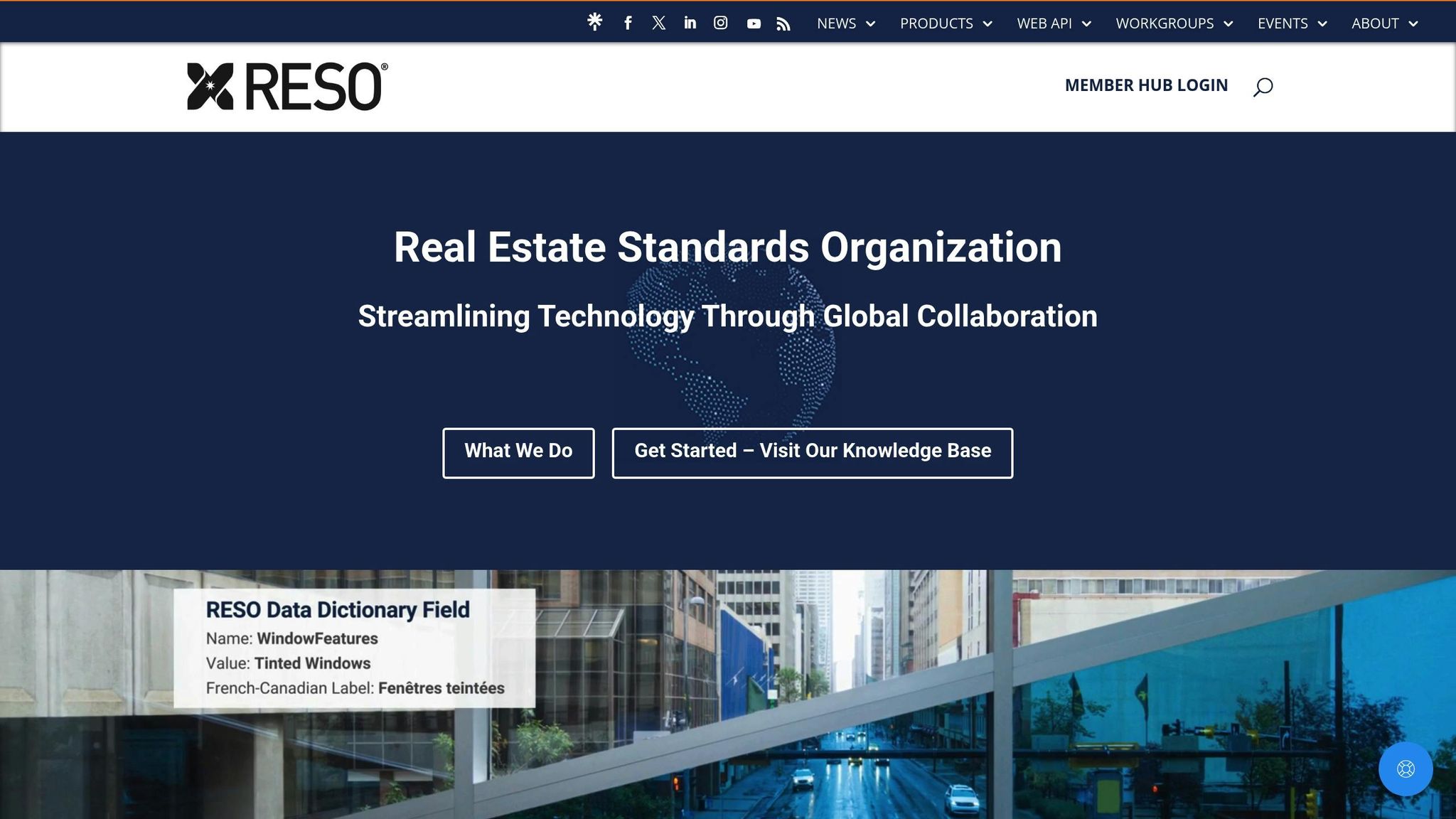 RESO logo and data dictionary field example showcasing "WindowFeatures" with value "Tinted Windows," emphasizing data quality in property management, relevant to BatchData's real estate data solutions at www.batchdata.io.