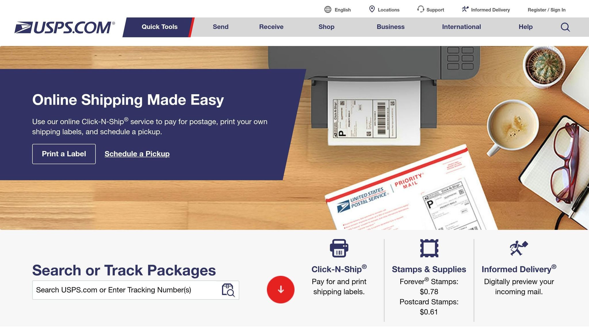 Online shipping interface with USPS branding, featuring shipping labels, a package printer, and a coffee cup, emphasizing address standardization and compliance with USPS and CASS standards for real estate data management by BatchData.