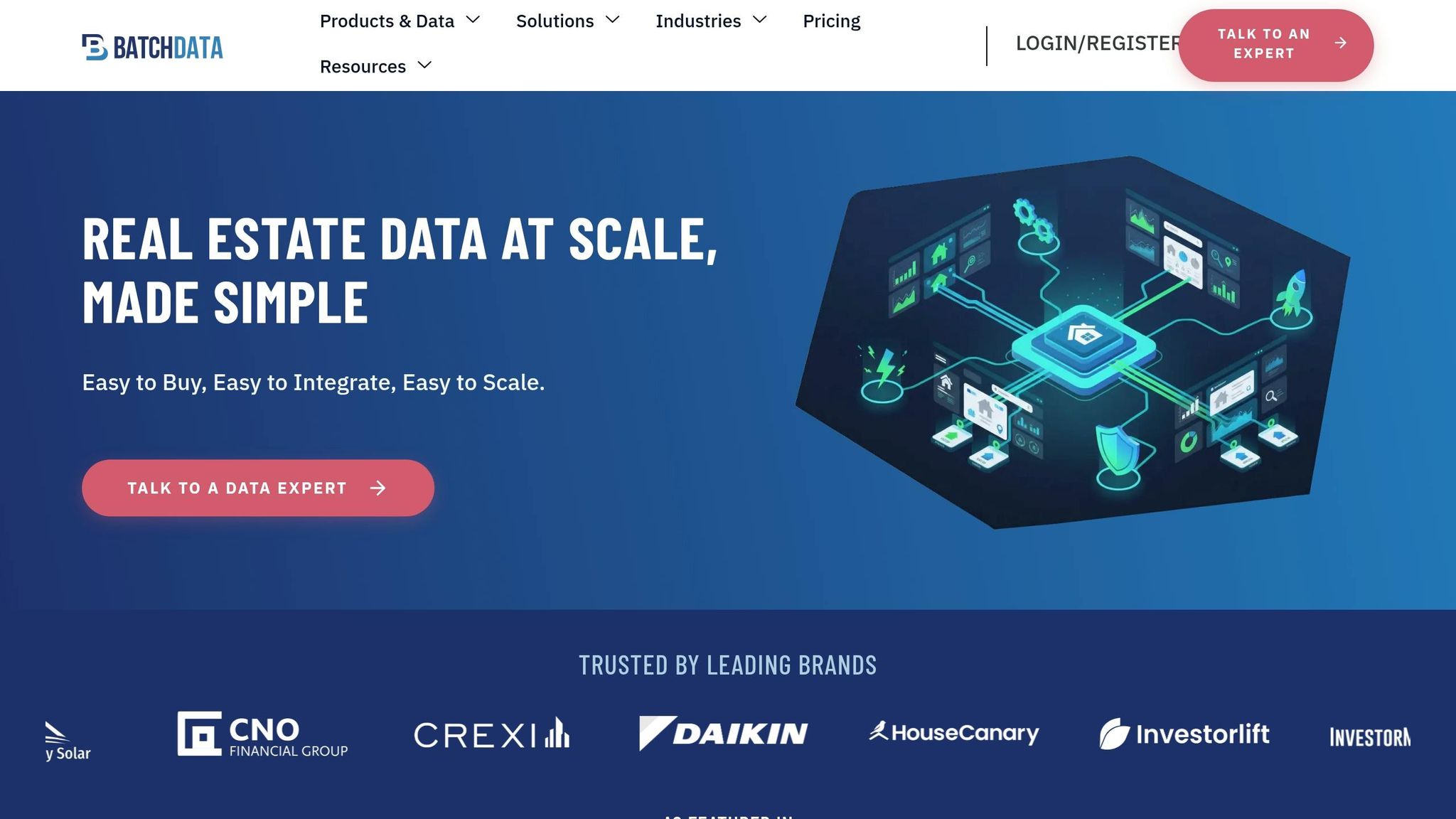 BatchData logo and graphical representation of real estate data integration, illustrating API connectivity and property data management for efficient address verification and standardization.