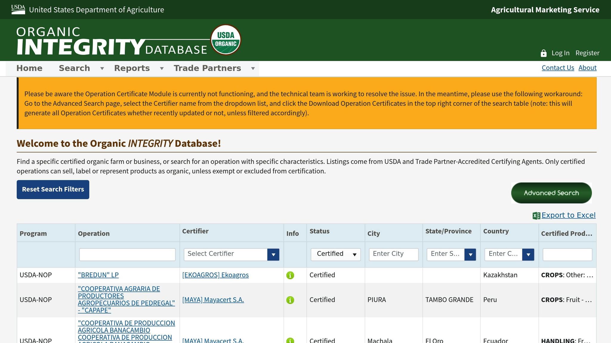 USDA Organic Integrity Database