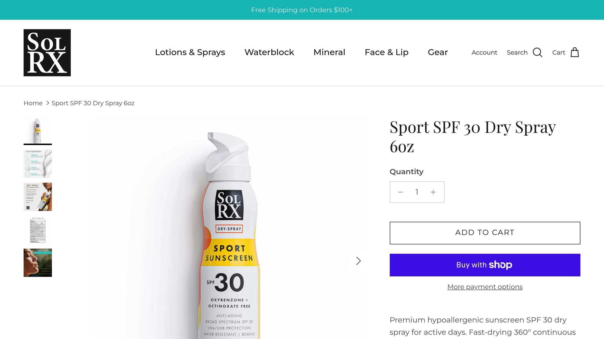 SolRX SPF 30 Sport Sunscreen Dry Spray