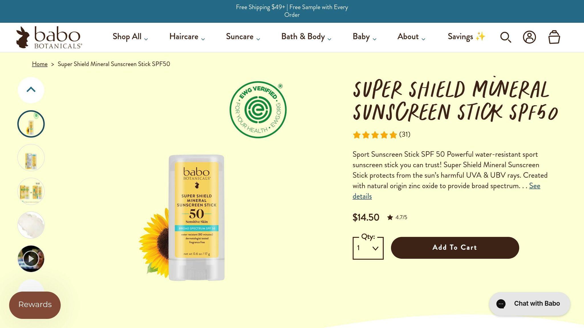 Babo Botanicals Super Shield Sunscreen Sport Stick SPF 50