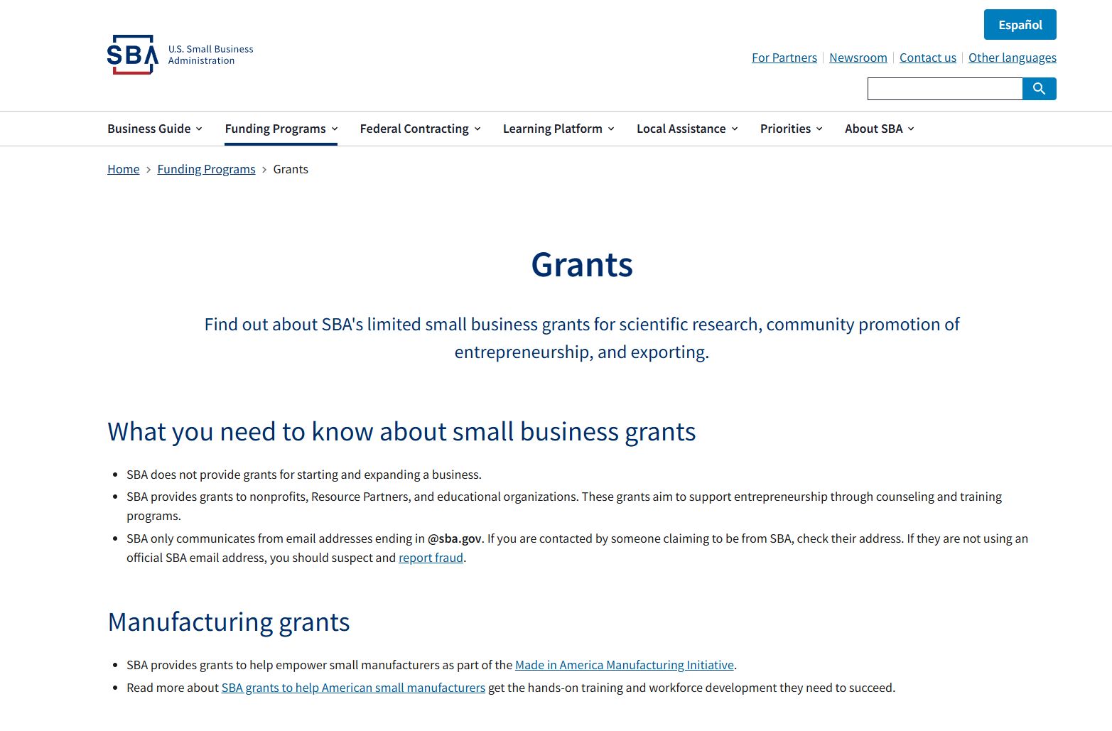 US small business administration grant opportunities.