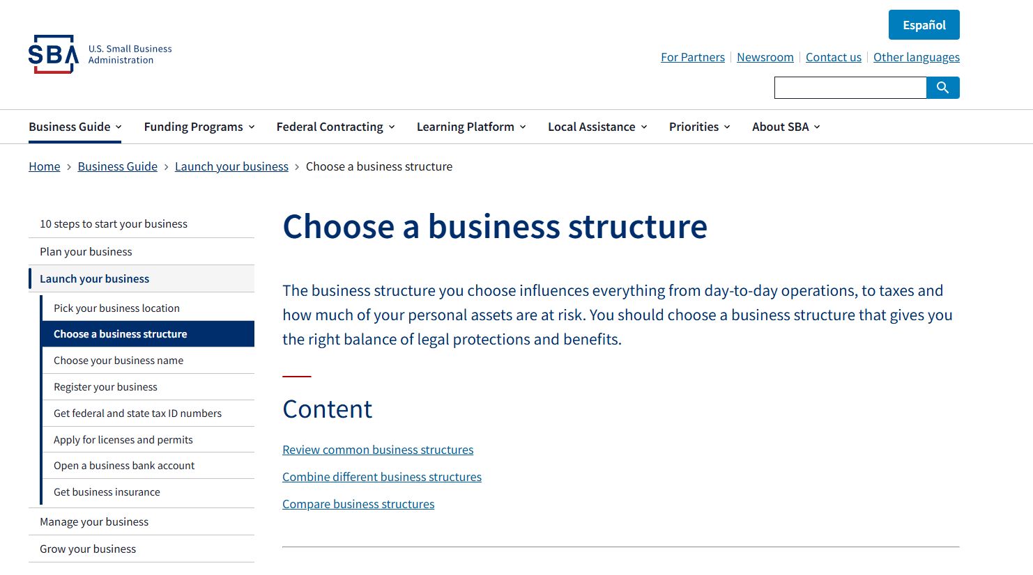 Us small business administration, choosing a business structure