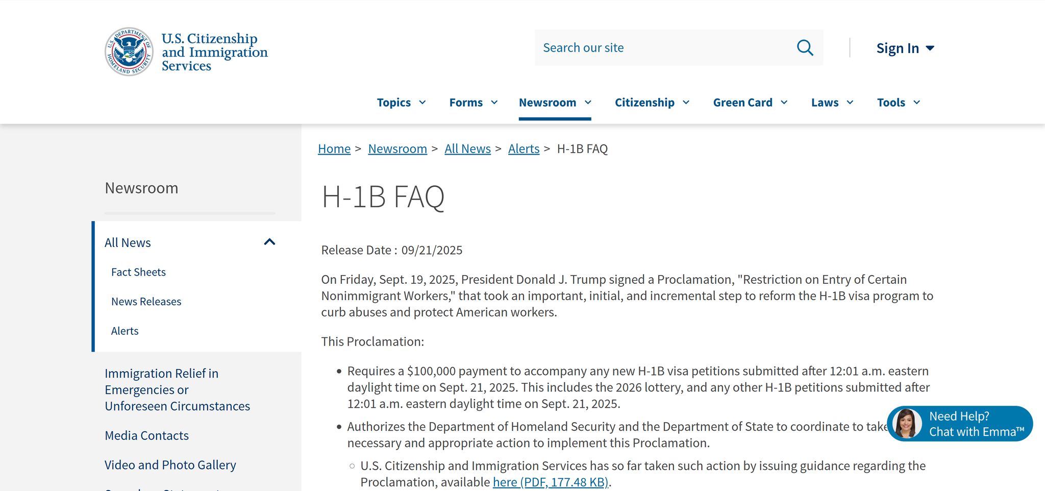 US Citizenship and immigration services, H-1B FAQ
