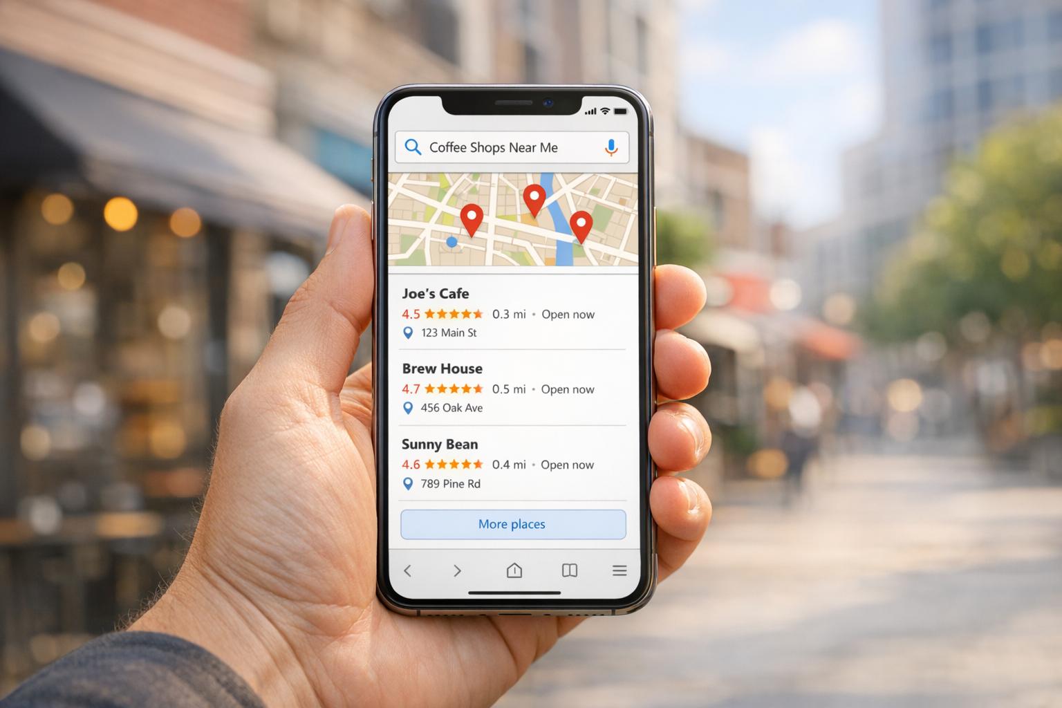 Mobile local search results showing map-pack visibility and nearby customer intent