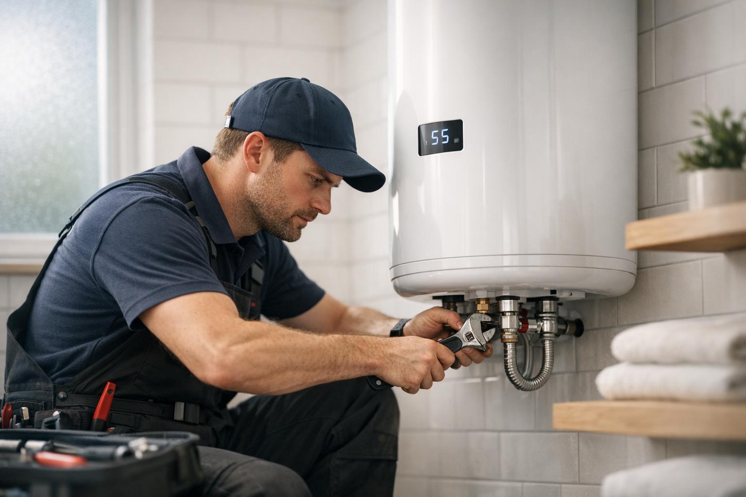 Plumber working on a water heater