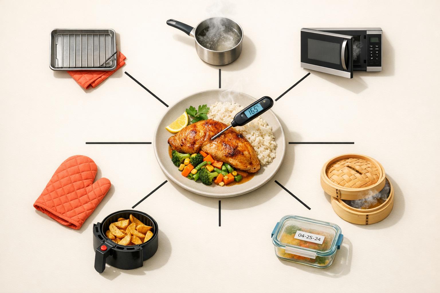 Kipgerecht met thermometer op 74°C, omringd door verschillende opwarmmethodes zoals oven, magnetron en air fryer.
