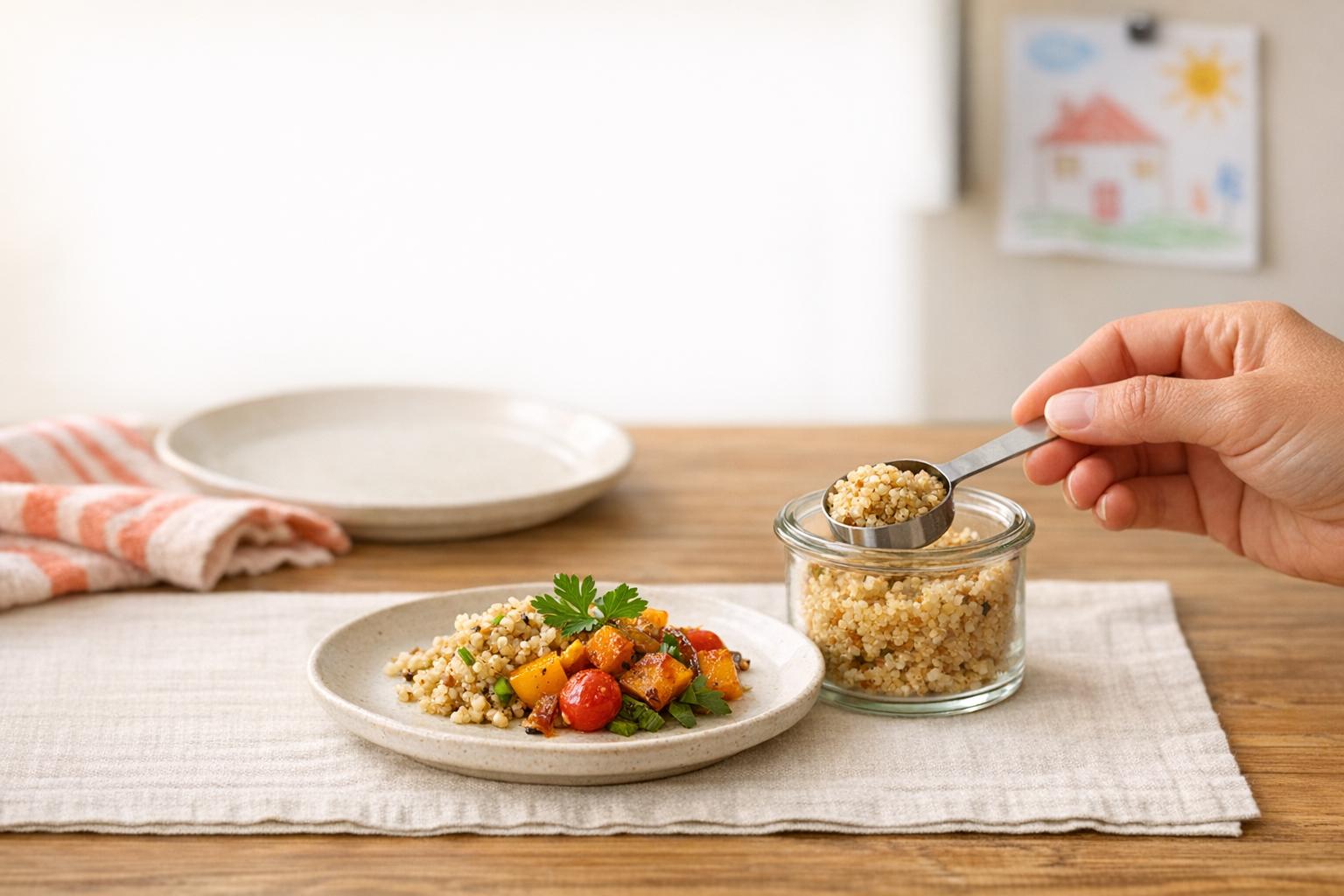 A hand scoops cooked quinoa from a small glass jar onto a white plate with roasted vegetables and fresh herbs on a wooden table. A “Featured” label appears in the top corner.