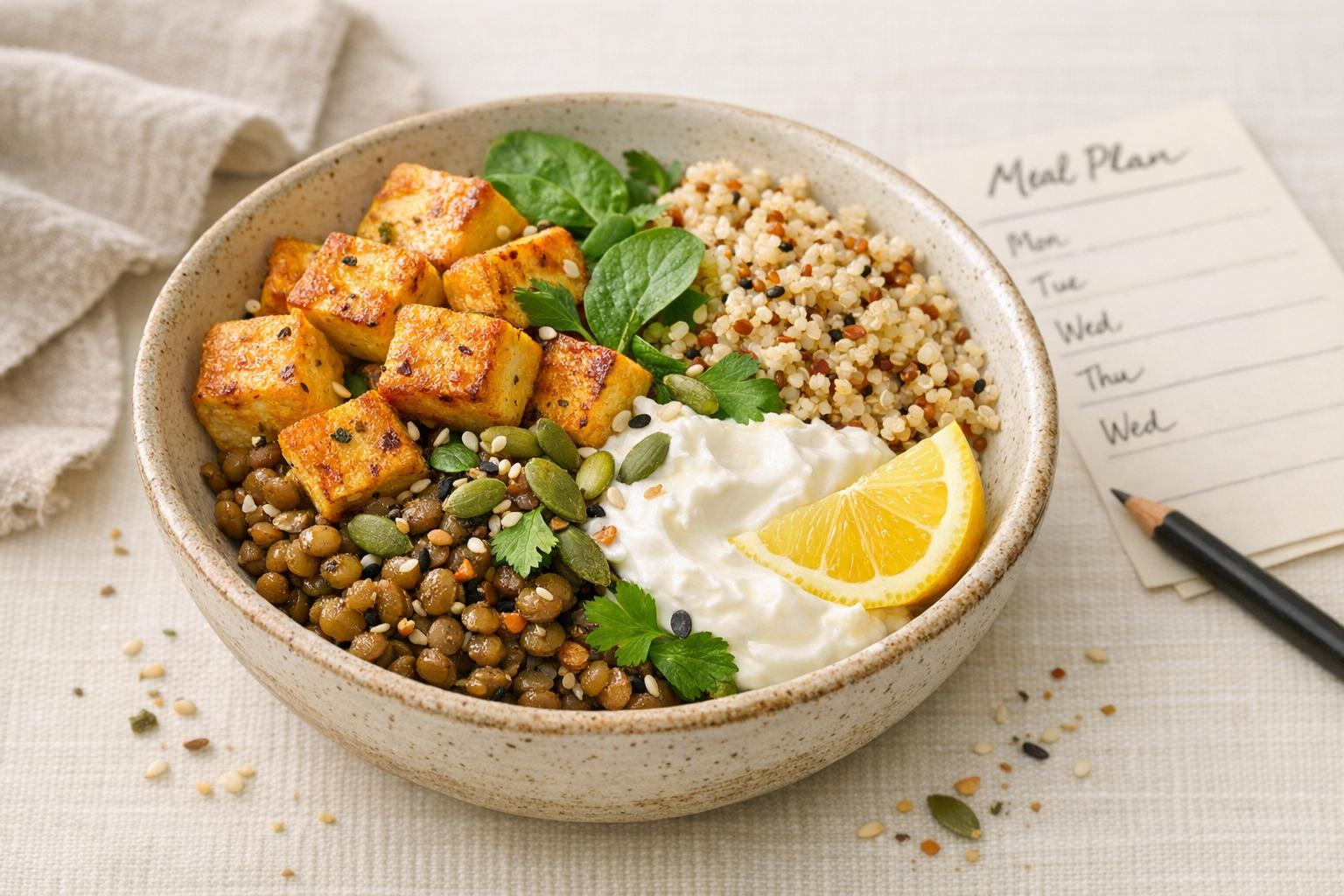Protein-rich vegetarian foods comparison chart showing seitan, tempeh, lentils, Greek yogurt, edamame, skyr, tofu, and hemp seeds, with protein content per serving and recommended portion sizes.