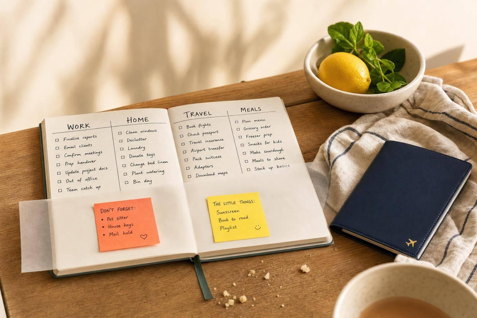 A busy professional checking off a pre-holiday to-do list while packing a suitcase, illustrating the mental load and stress of preparing for a holiday.