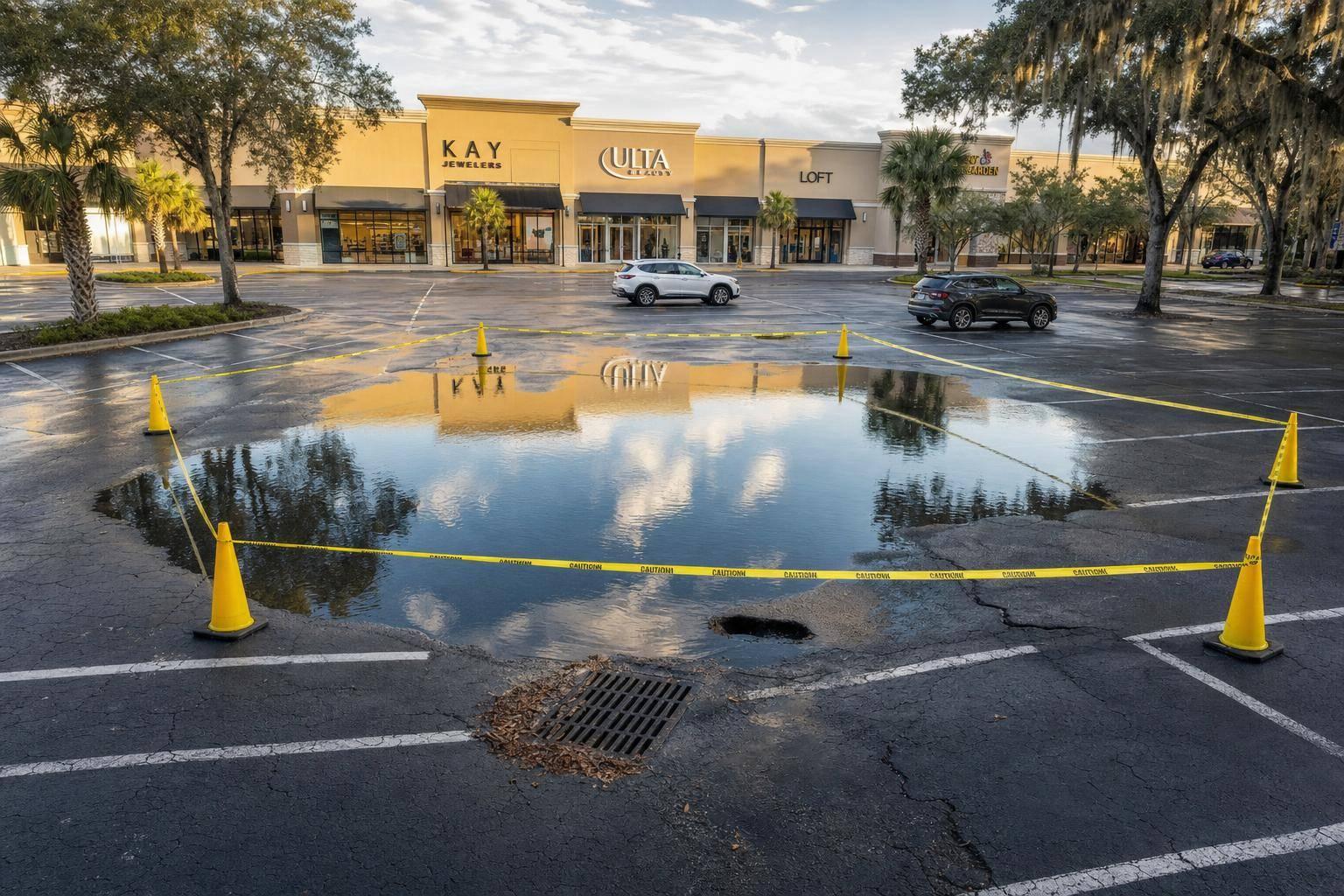 Standing Water in a Tallahassee Shopping Center Lot and What It Is Costing You