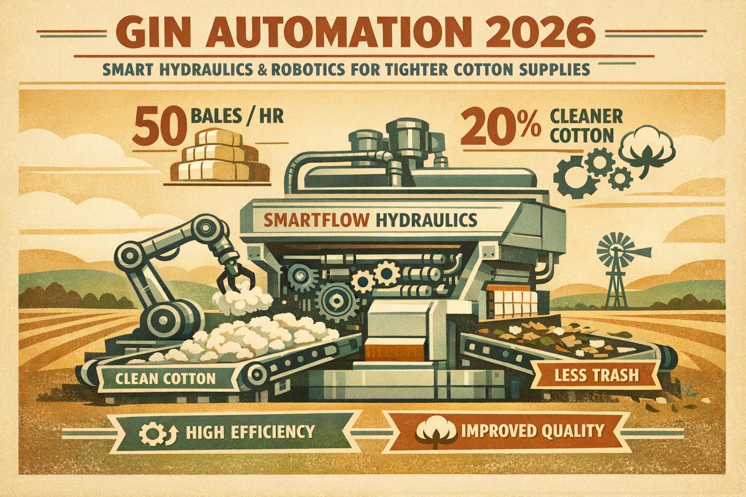 Thumbnail for: Gin Automation 2026: Smart Hydraulics and Robotics for Tighter Cotton Supplies