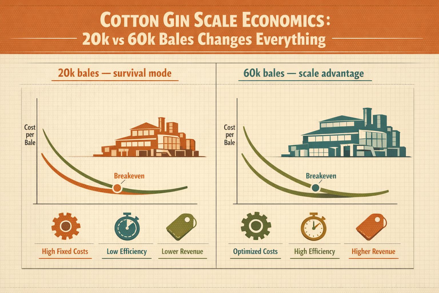 Thumbnail for: Cotton Gin Scale Economics: 20k vs 60k Bales Changes Everything