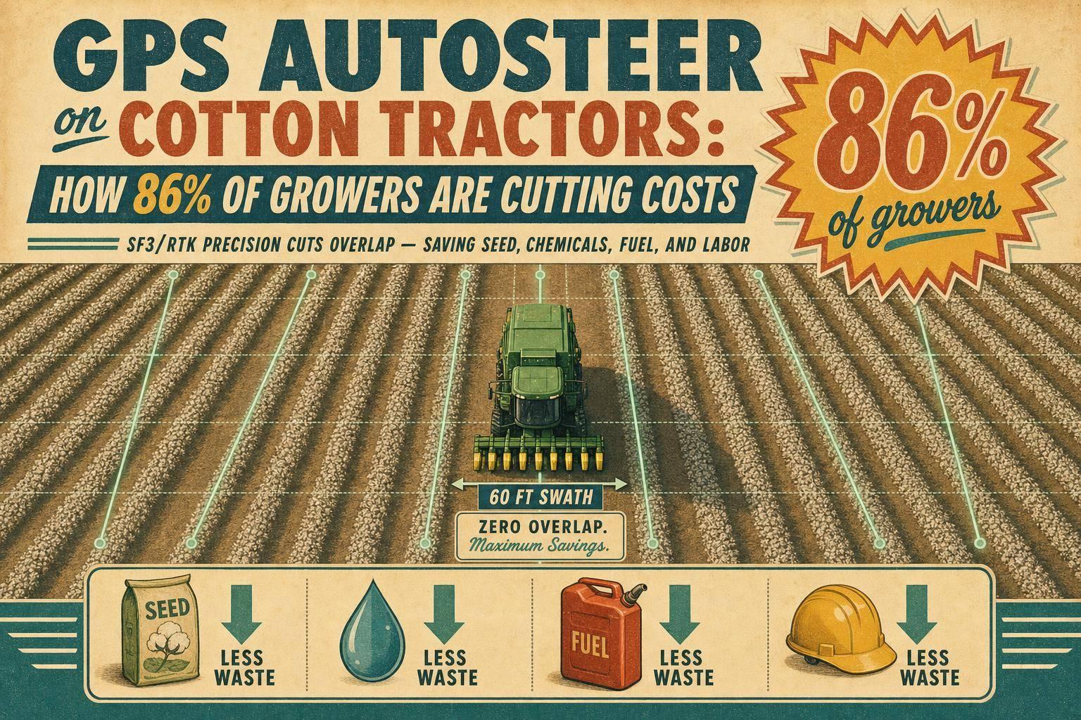 Thumbnail for: GPS Autosteer on Cotton Tractors: How 86% of Growers Are Cutting Costs