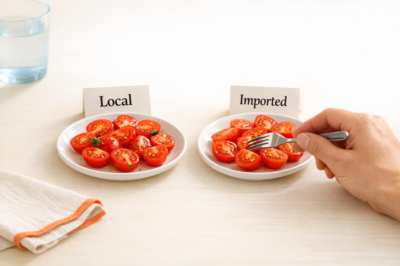 Een vergelijking naast elkaar van twee borden met gesneden tomaten, gelabeld “Lokaal” en “Geïmporteerd”, met een hand die met een vork naar de geïmporteerde tomaten reikt.