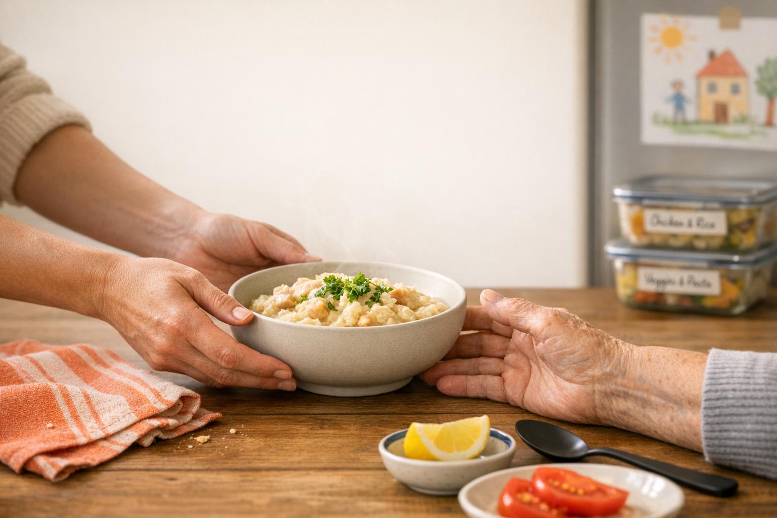 A younger person hands a bowl of creamy comfort food to an elderly person across a wooden table, symbolizing care, support, and nutritious meals for aging parents.