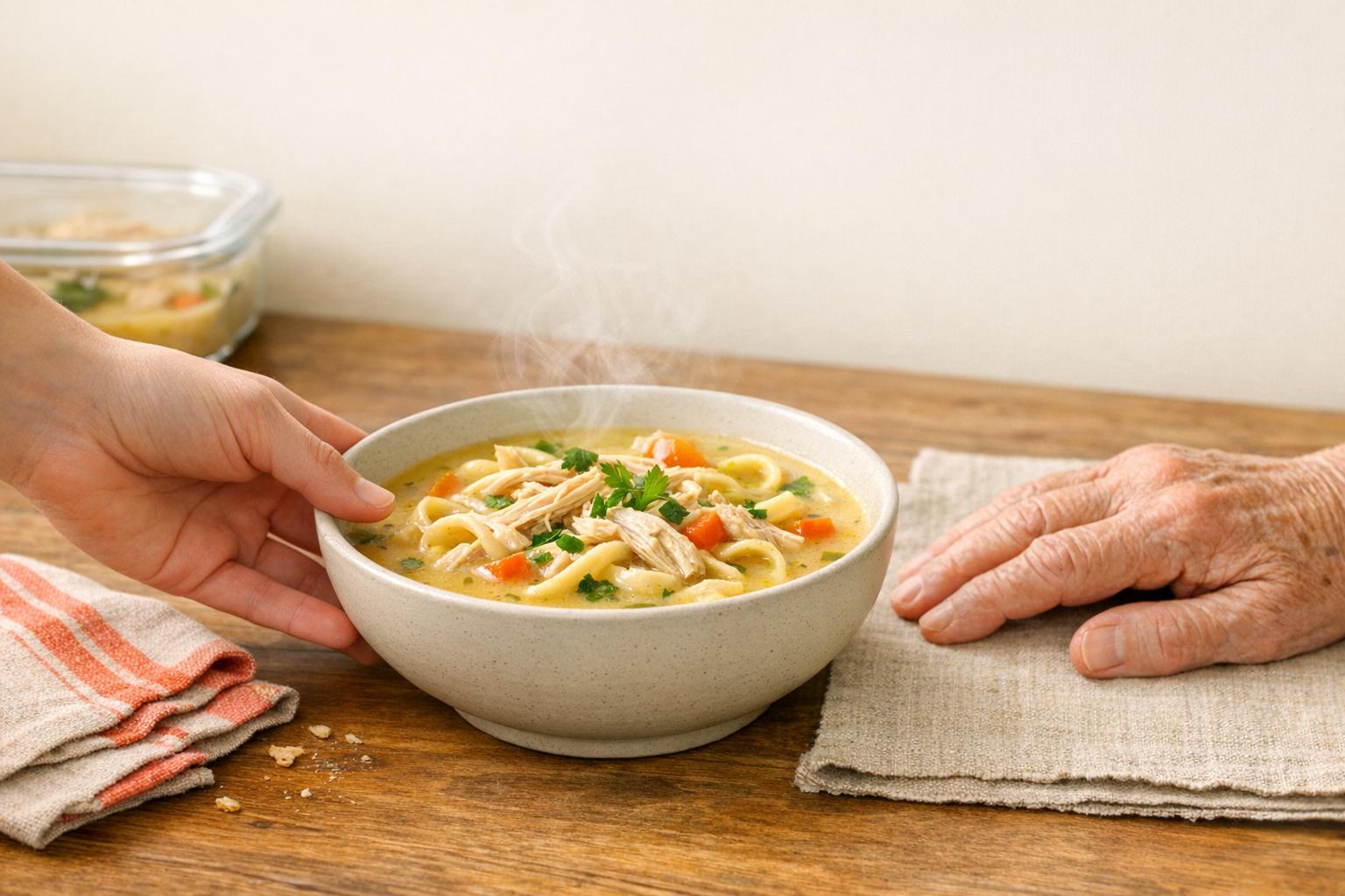 A steaming bowl of homemade chicken noodle soup is being offered to an elderly person, illustrating comforting, nourishing, and easy-to-eat meals for adults aged 70 and over.