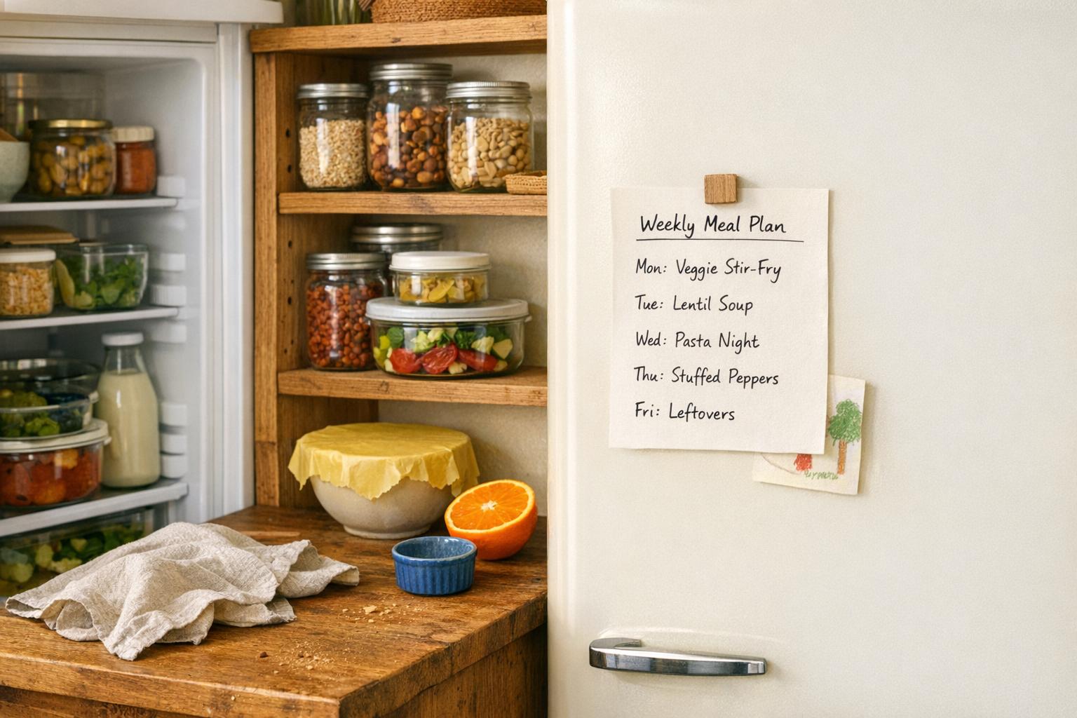 Eco-friendly storage accessories for small kitchens, including reusable containers, beeswax wraps, stackable glass jars, and space-saving kitchen organisers.
