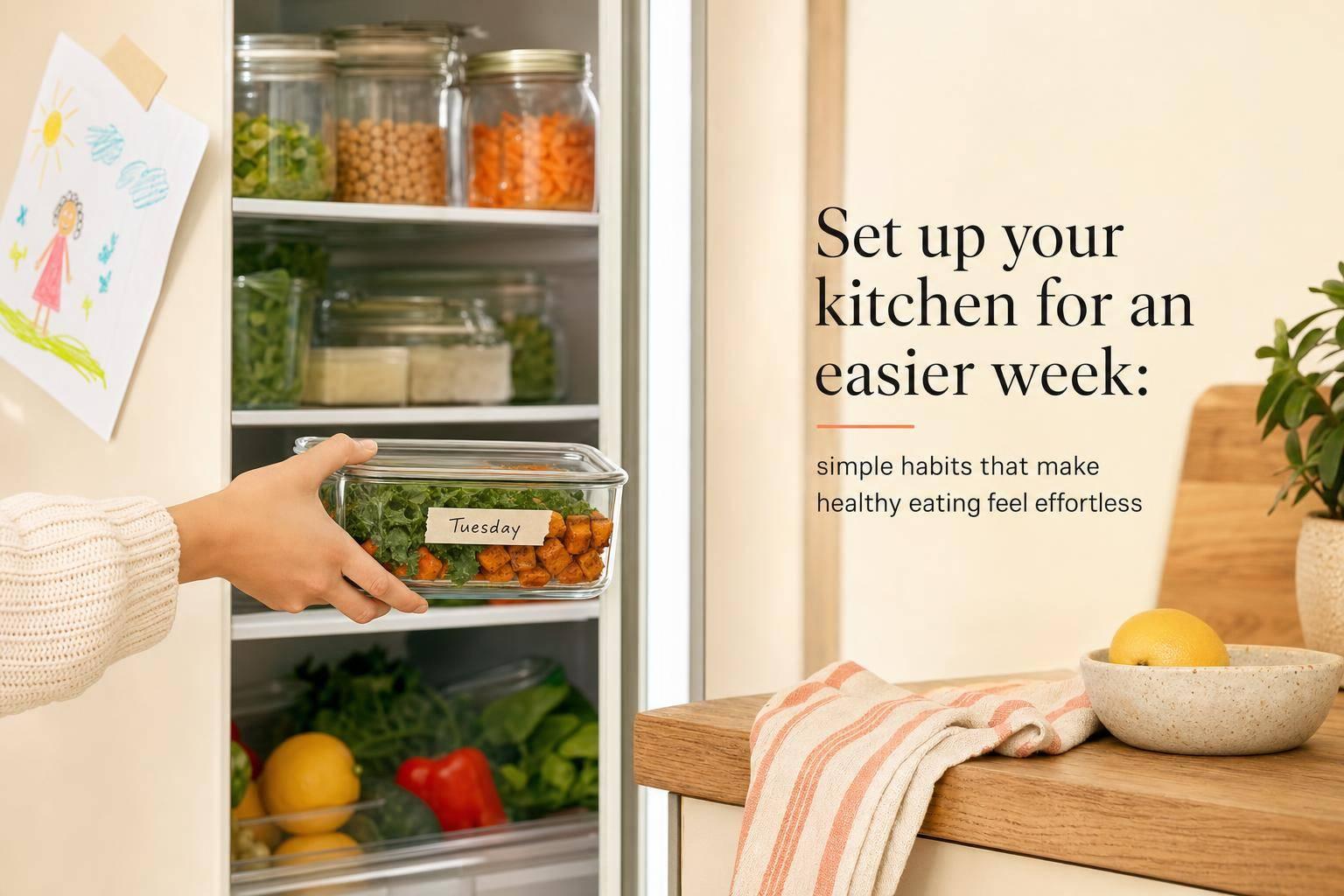 Organized kitchen and fridge with fresh ingredients and prepared meals for easier healthy eating throughout the week.