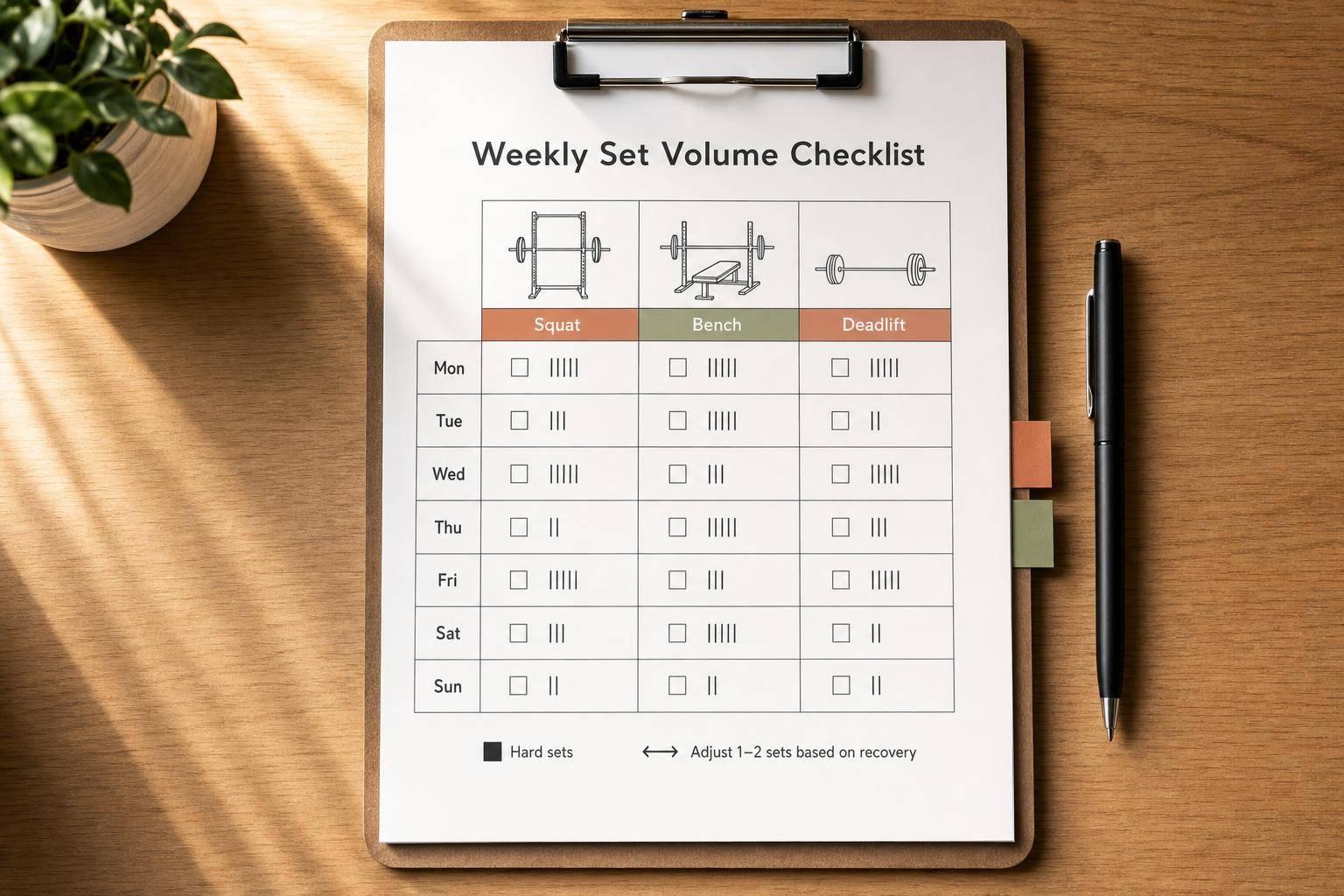 Weekly Set Volume Checklist for 3 Big Lifts