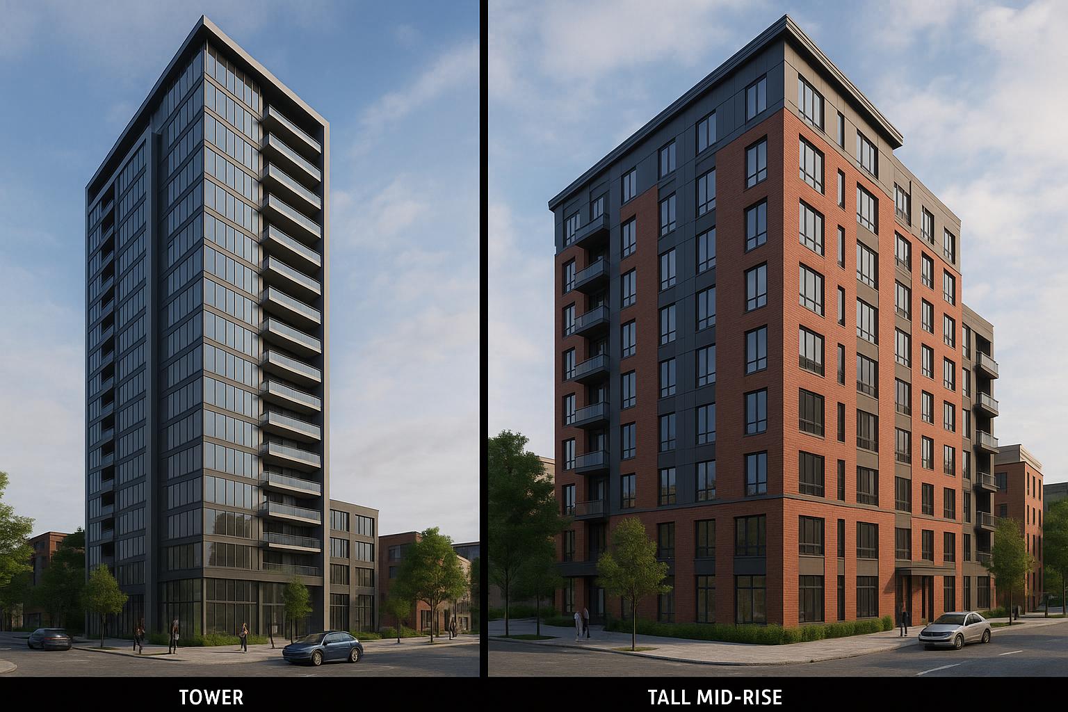 Thumbnail for: Tower vs Tall Mid-Rise Under CEN-2 (CEN2) FAR Caps: Structure, Elevators, Parking
