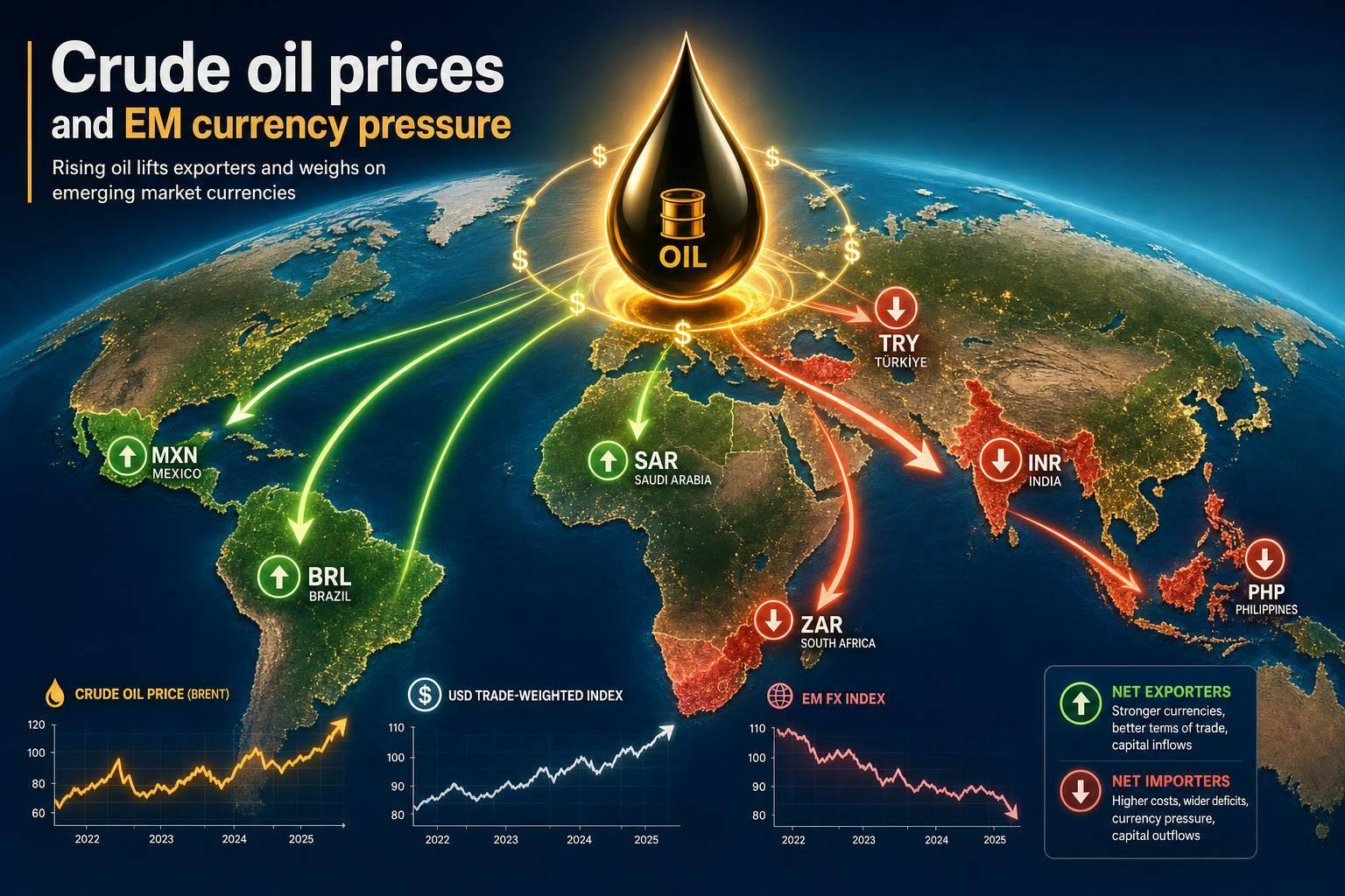 Crude oil prices and EM currency pressure