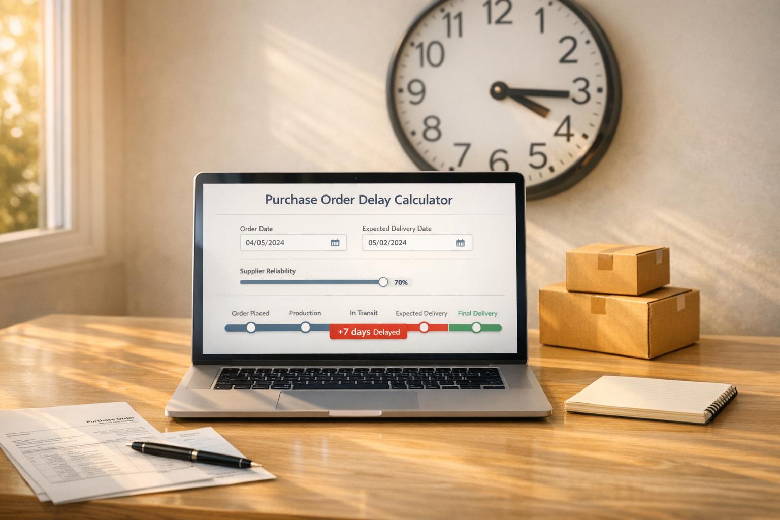 Purchase order delay calculator showing lead time variance and supplier delay metrics