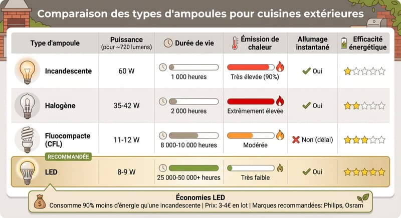 Comparaison des types d'ampoules pour éclairage extérieur de cuisine