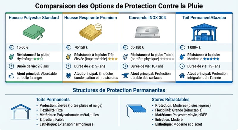 Comparaison des options de protection anti-pluie pour cuisine extérieure : coûts, durabilité et résistance