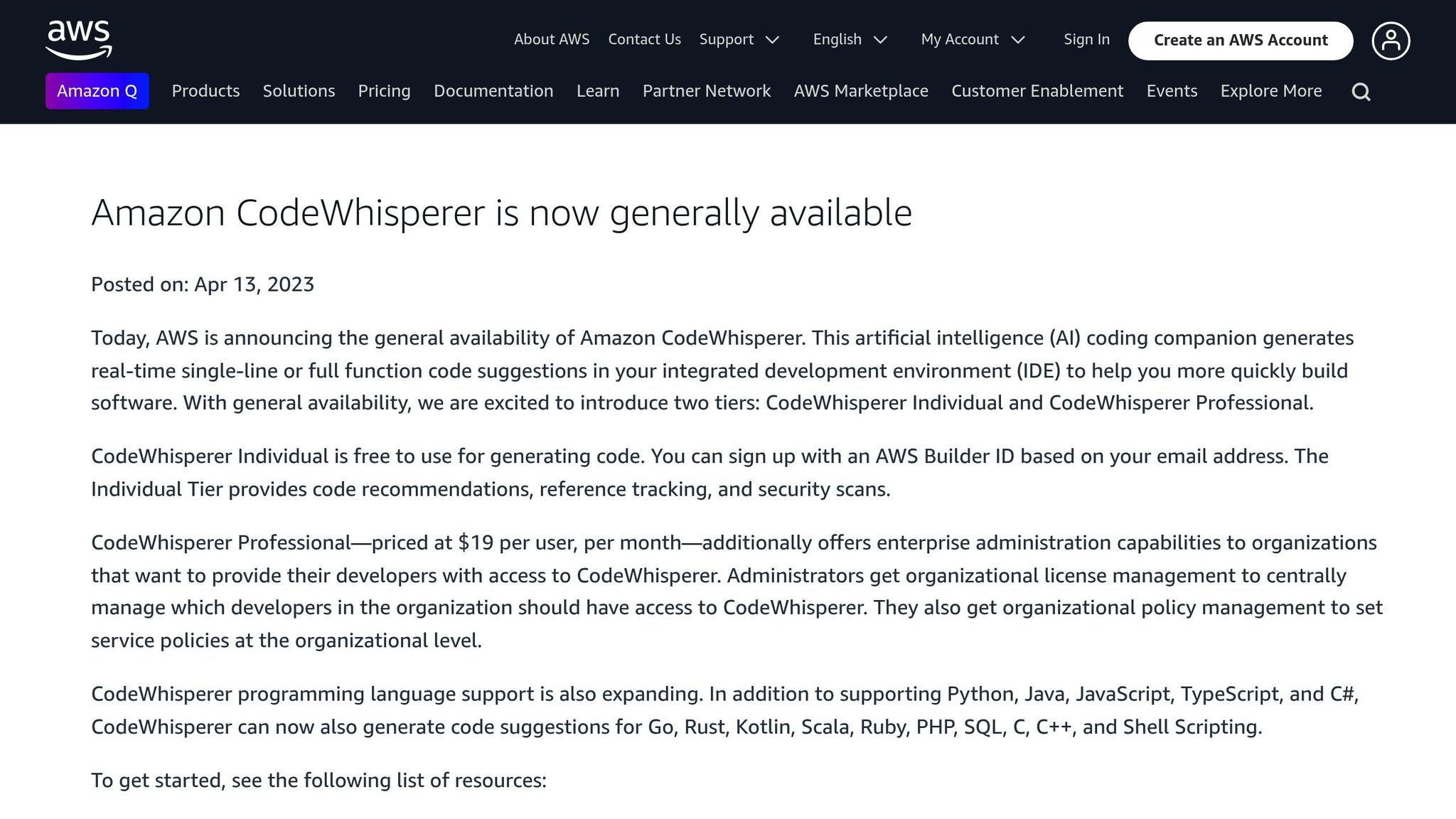 Amazon CodeWhisperer