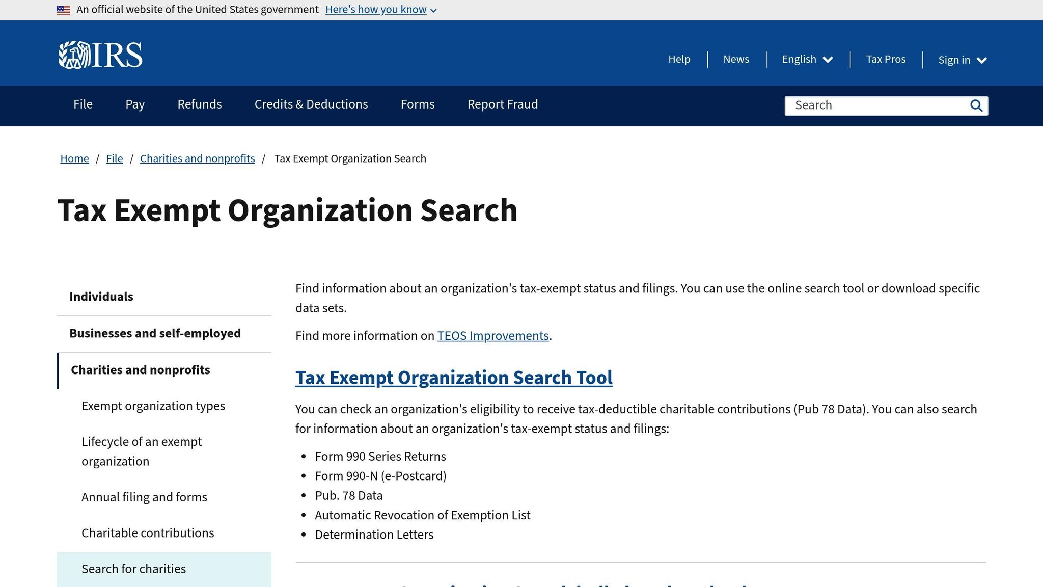 IRS Tax Exempt Organization Search