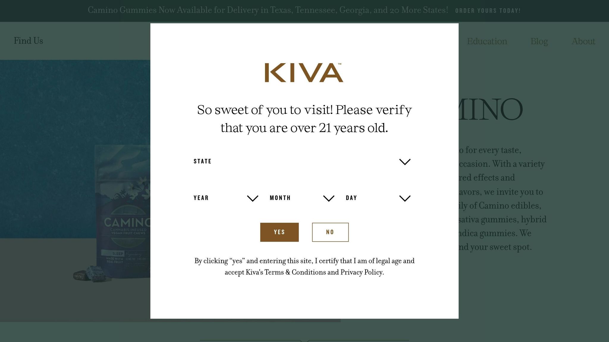 Kiva Camino Gummies packaging featuring a vibrant design and product details