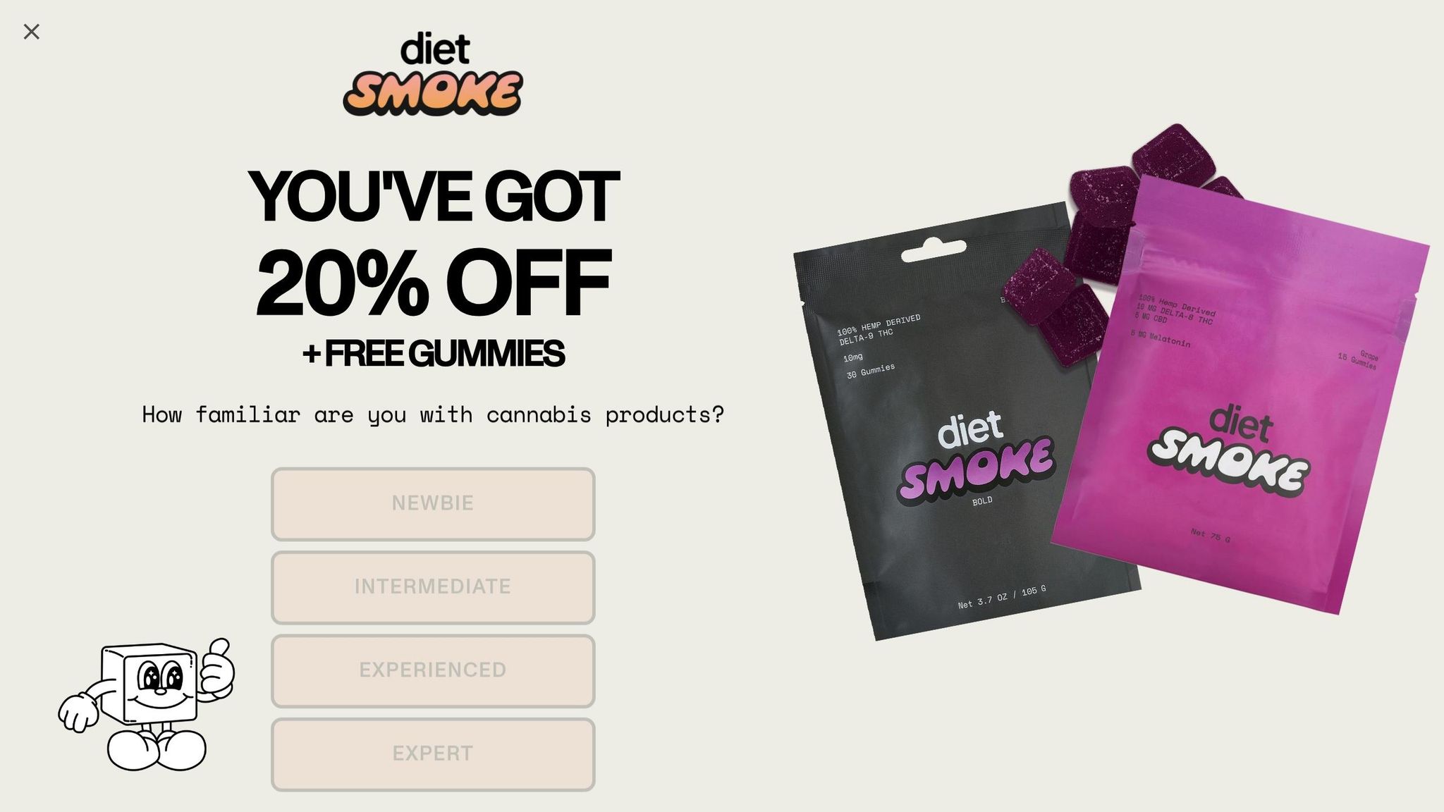 Promotional image for Diet Smoke products with 20% off offer and gummies