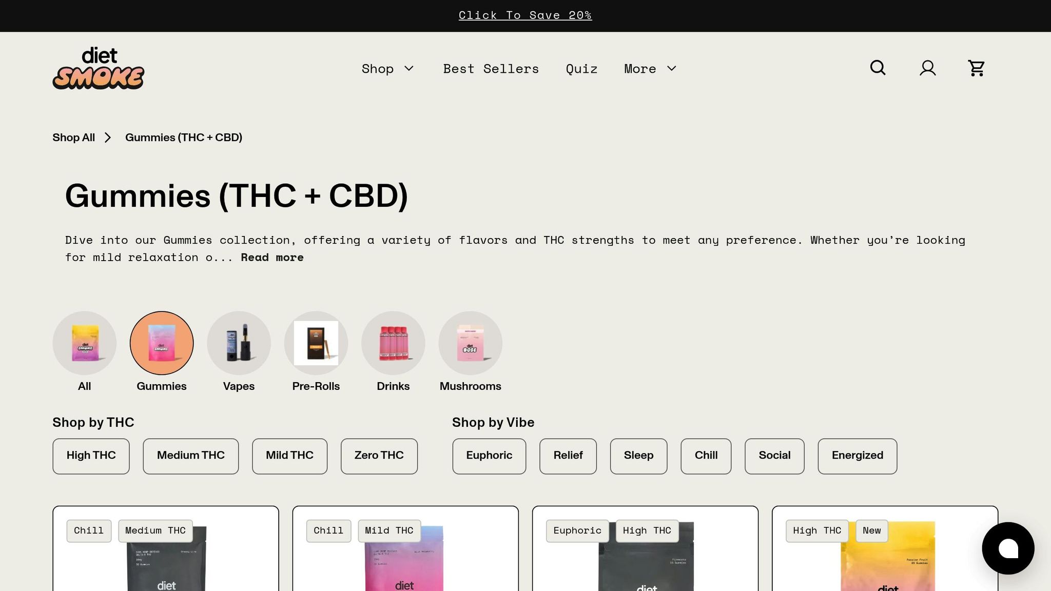 Diet Smoke product collection showcasing various gummies, vapes, and drinks for different vibes.