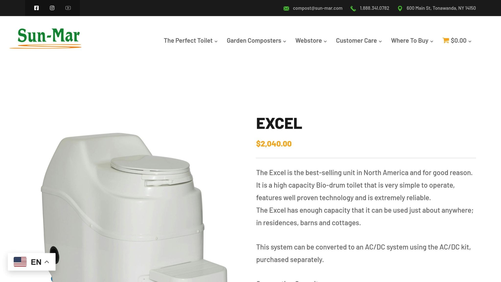 Sun-Mar Excel electric composting toilet with rotating drum for aerobic decomposition