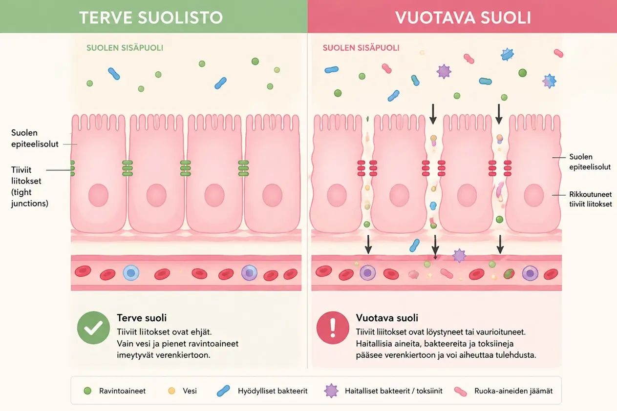 Poikkileikkaus terveestä ja vuotavasta suolesta. Kuvasta nähdään, miten suuret ruokapartikkelit ja bakteerit pääsevät verenkiertoon, kun suolen pinnan läpäisevyys on lisääntynyt.