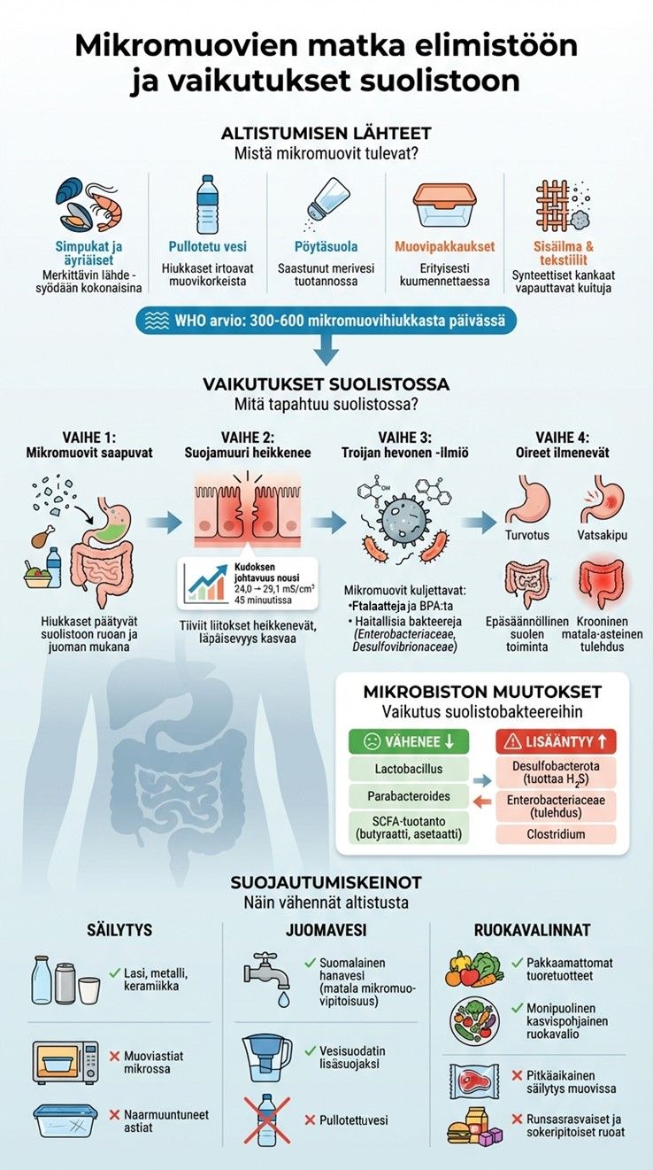 Mikromuoveille altistutaan ruoan ja ympäristön välityksellä. Ne vaikuttavat mm. suolistoon ja mikrobiomiin.
