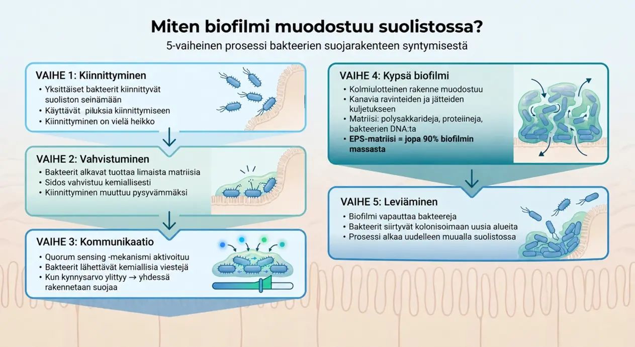 Biofilmin muodostuminen suolistossa: 5-vaiheinen prosessi