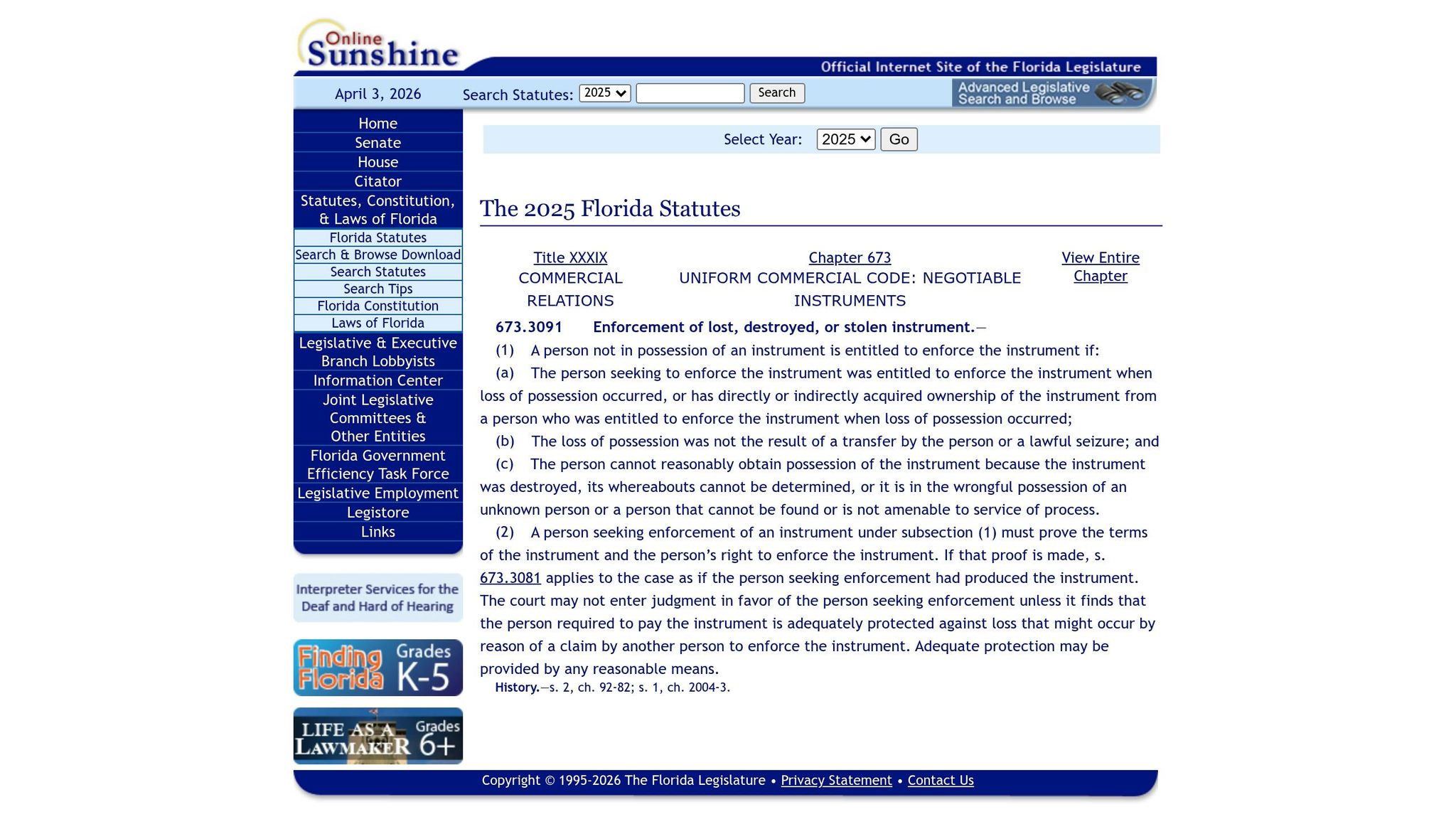 Florida Statute 673.3091