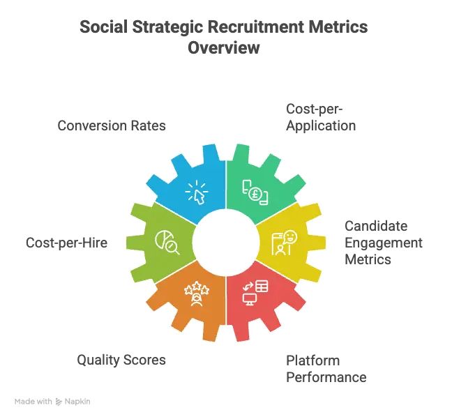 An infographic of a gear showing key social media recruitment metrics like conversion rates and cost-per-hire.