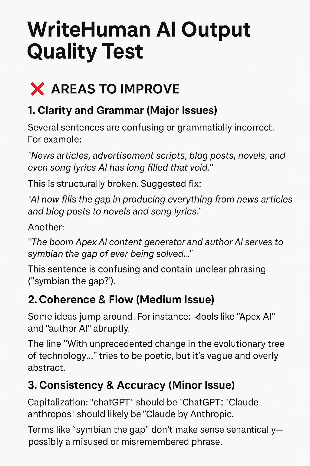 WriteHuman AI Output Quality Test (2025) – This infographic breaks down the major quality issues in AI-generated content from WriteHuman AI, including grammar errors, confusing phrasing like “symbian the gap,” inconsistent tone, and vague structure. It highlights key areas for improvement in clarity, coherence, and accuracy—crucial for bypassing AI detectors and ensuring human-like readability.