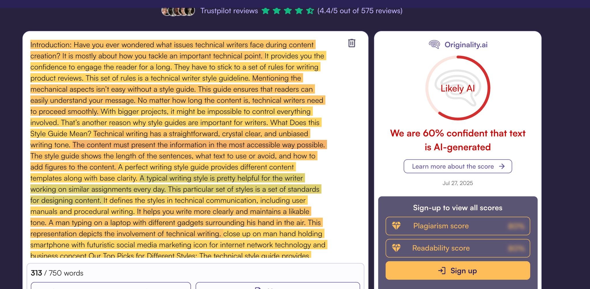 Originality.AI flagged it as 61% AI — a clear false positive on authentic, human-written content.