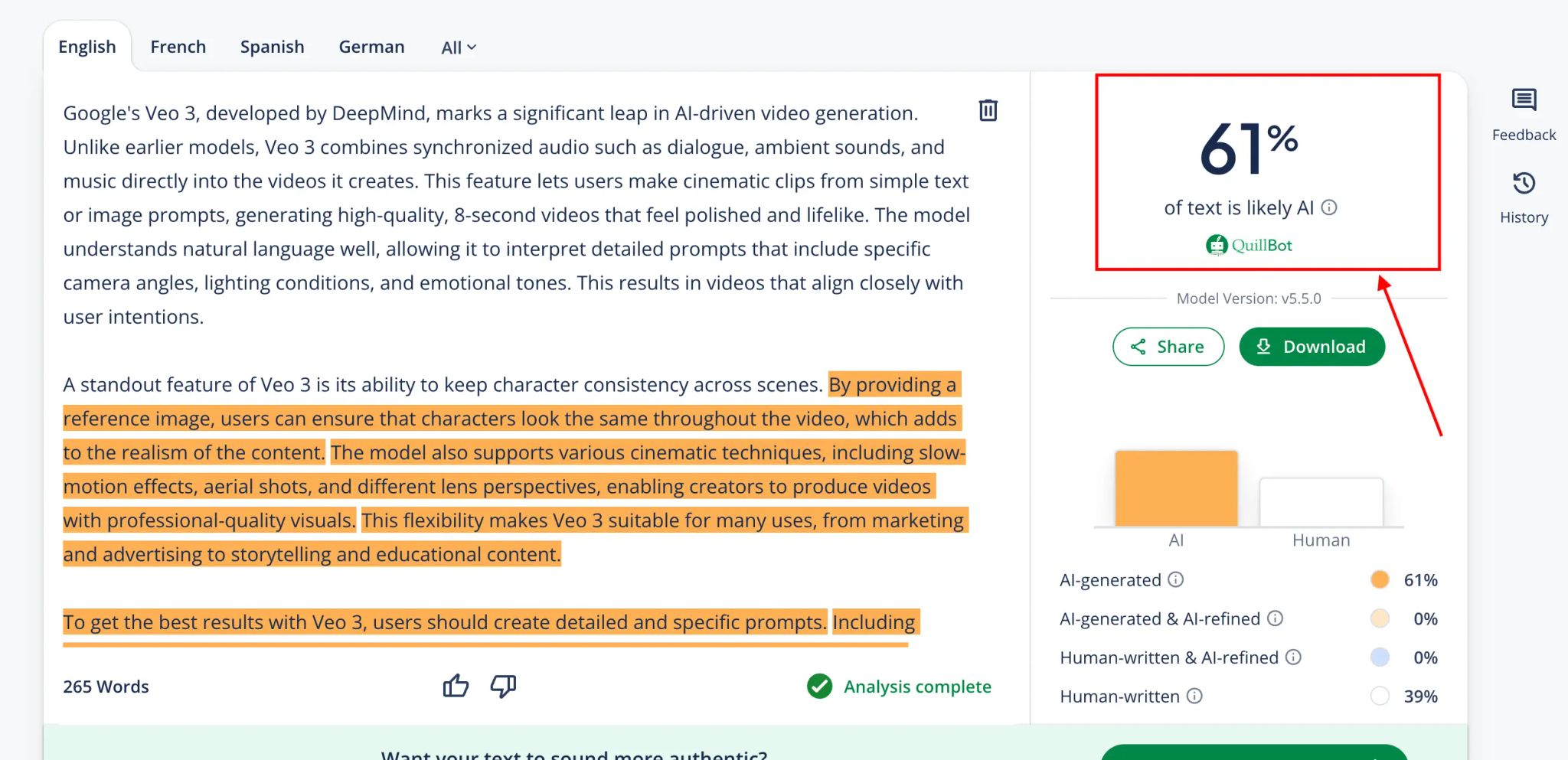 Grammarly AI Humanizer detected 61% AI by QuillBot Detector