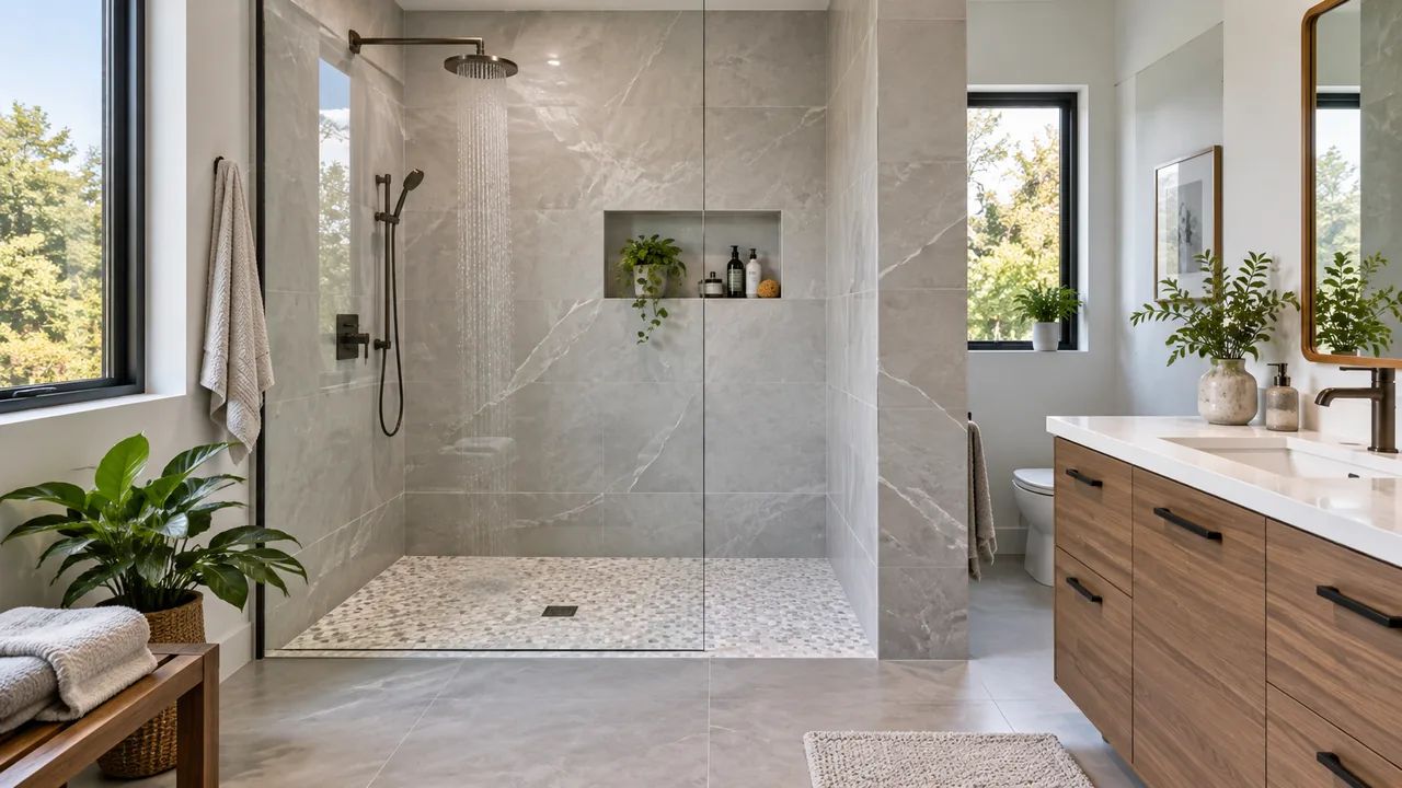 Walk in showers with low-maintenance porcelain tile and ventilation